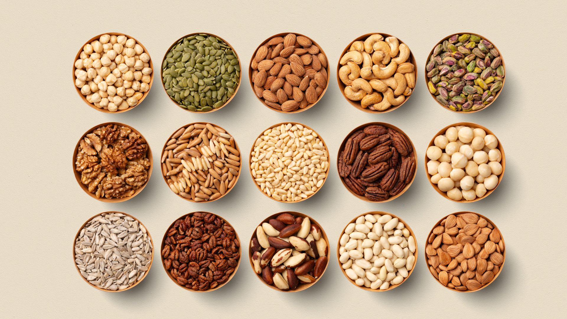 Small bowls of nuts and seeds