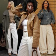 how to style white jeans for fall shown in a collage of women's white jean outfits, on the left a woman is wearing a green trench coat over a tan turtleneck with white wide leg jeans and tan pointed ankle boots, in the middle a woman wearing a tan leather jacket with a white tank and white denim shorts, on the right a woman is wearing a denim jacket with white baggy jeans and suede flats