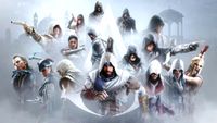 Assassin's Creed games in order: All of the current Assassin's Creed protagonists on a misty white background.