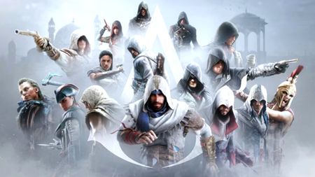 Assassin's Creed games in order: All of the current Assassin's Creed protagonists on a misty white background. 