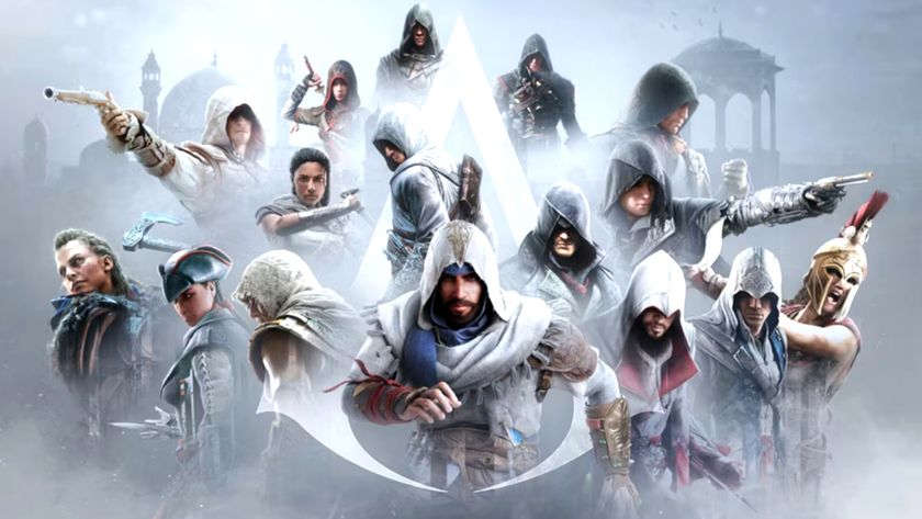 Assassin&#039;s Creed games in order: All of the current Assassin&#039;s Creed protagonists on a misty white background. 