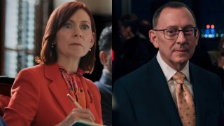 From left to right, a side-by-side of Carrie Preston as Elsbeth writing a note down and looking invested and Michael Emerson as Judge Milton Crawford looking to his left.