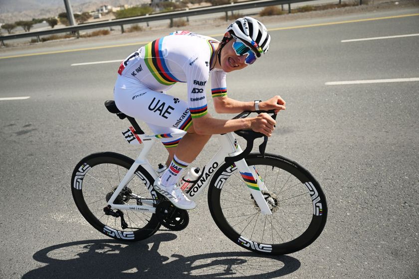 Tadej Pogačar of UAE Team Emirates plays up to the camera on his way to the stage 3 victory at Jebel Jais