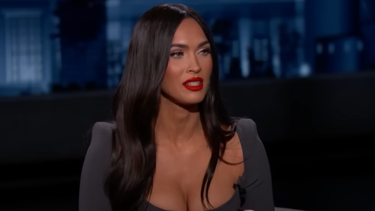 Megan Fox on Jimmy Kimmel Live talking. 
