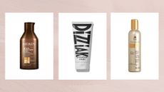 Collage of three vertical images showing shampoos featured in this guide from (left to right) Redken, Dizziak and KeraCare, set against a pale dusky pink background 