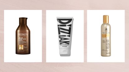 Collage of three vertical images showing shampoos featured in this guide from (left to right) Redken, Dizziak and KeraCare, set against a pale dusky pink background