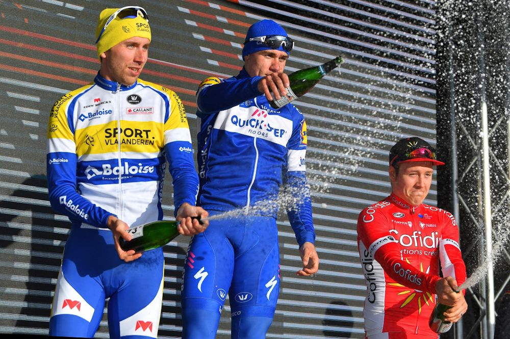 Amaury Capiot, Fabio Jakobsen and Hugo Hofstette on the Nokere Koerse podium