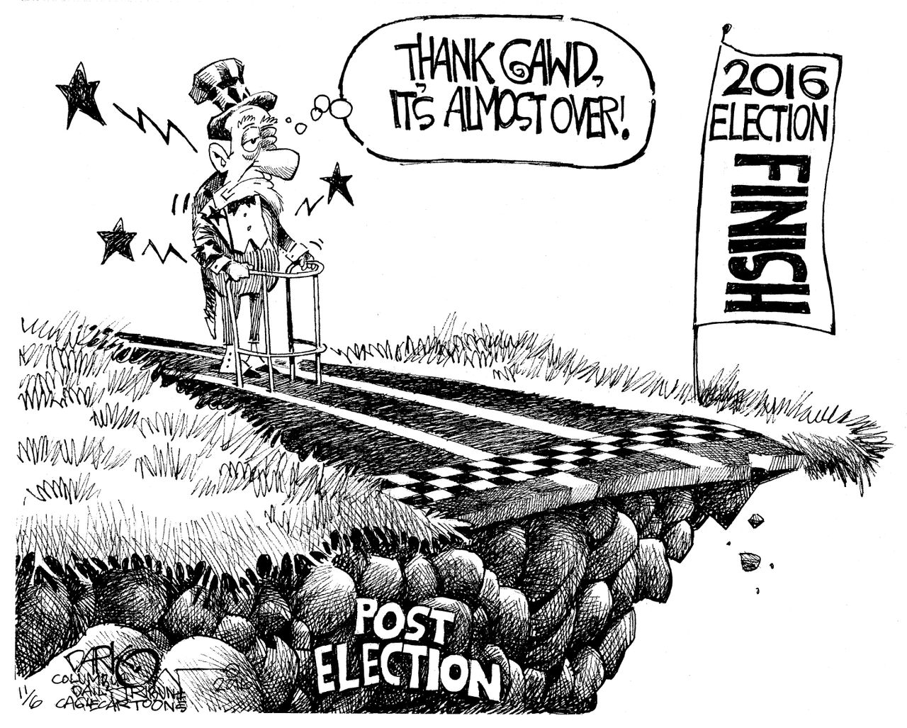 Political cartoon U.S. 2016 election voter fatigue