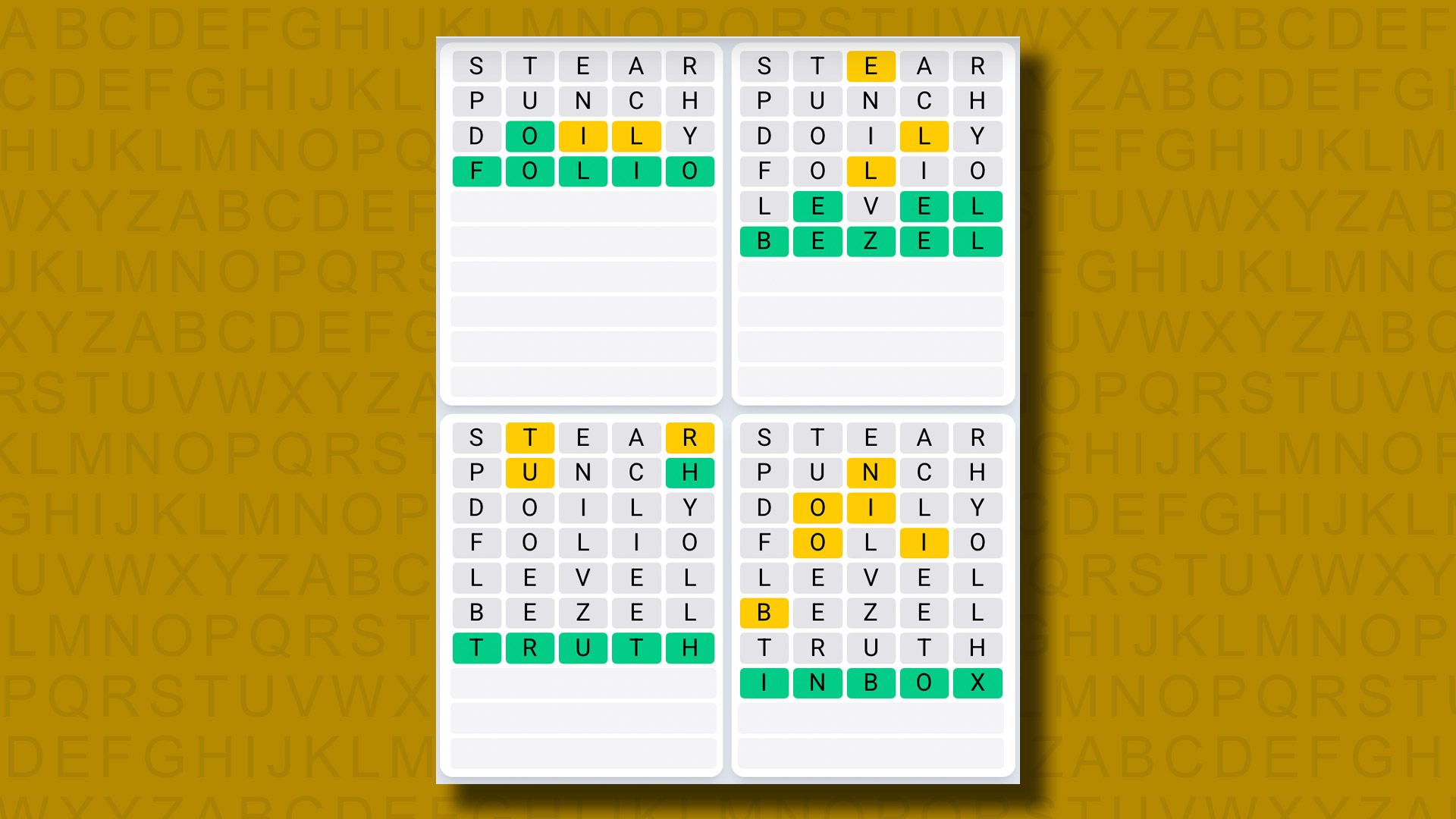 Quordle Daily Sequence answers for game 1199 on a yellow background