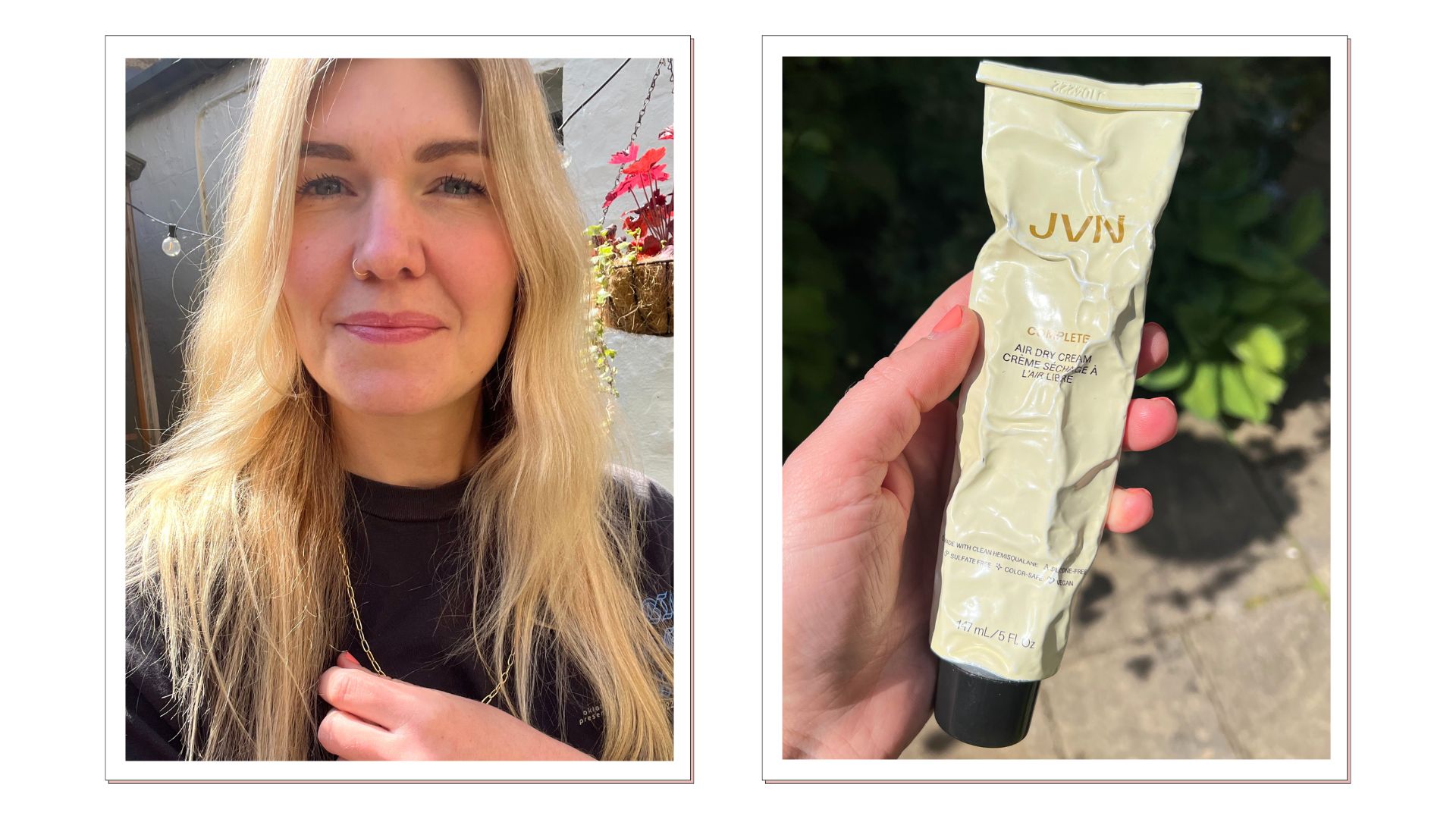 Two rectangular images, one of beauty editor Fiona McKim with wavy hair and another of her hand holding JVN Complete air dry cream