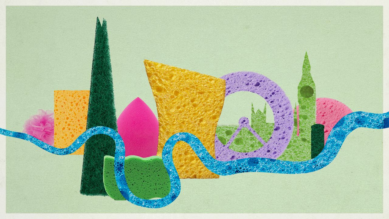 Photo collage of the London skyline rendered in various sponge shapes and colours.