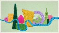 Photo collage of the London skyline rendered in various sponge shapes and colours.