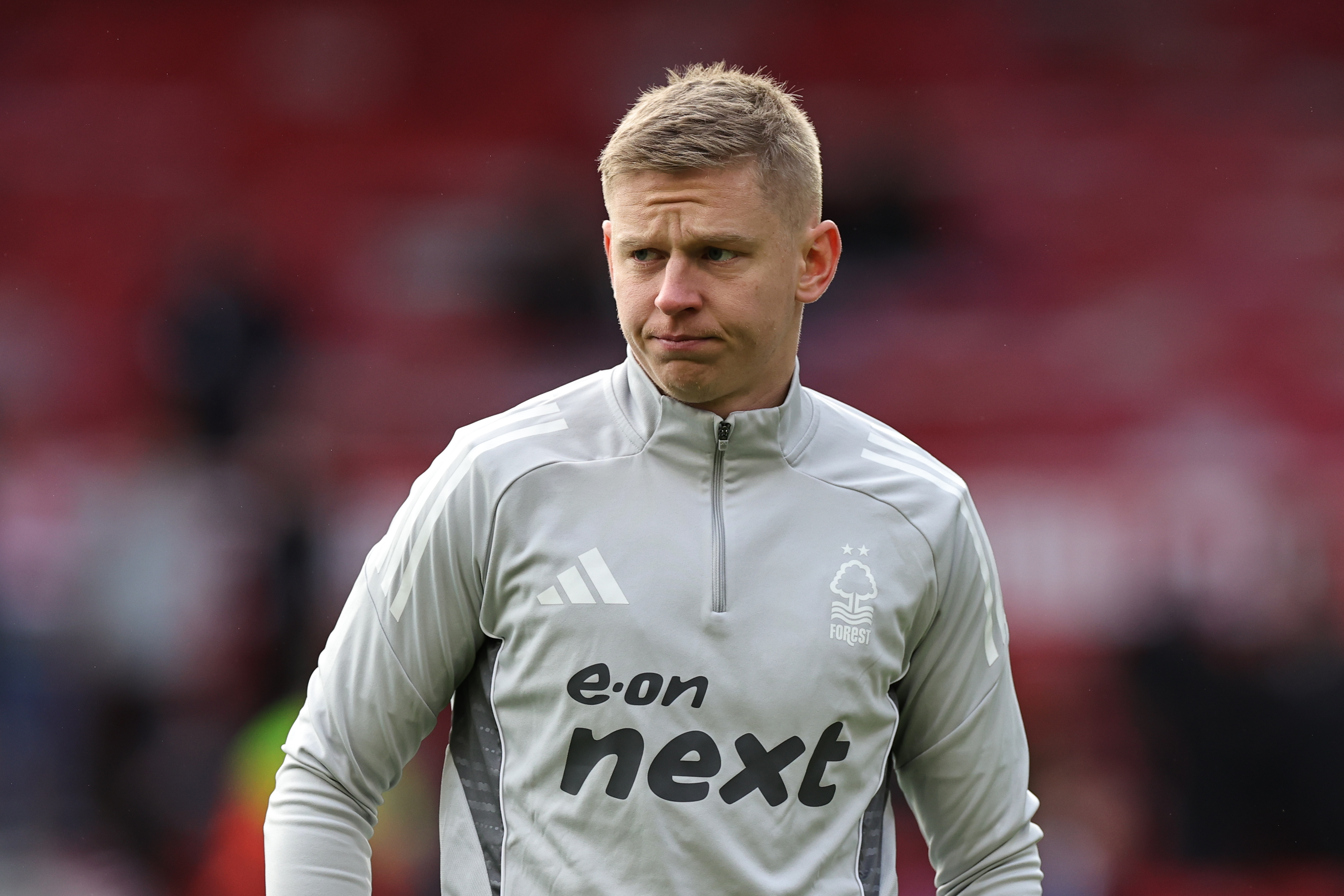 NOTTINGHAM, ENGLAND - DECEMBER 27: Oleksandr Zinchenko of Nottingham Forest warms up ahead of the Premier League match between Nottingham Forest and Manchester City at City Ground on December 27, 2025 in Nottingham, England. (Photo by James Holyoak/MB Media/Getty Images)