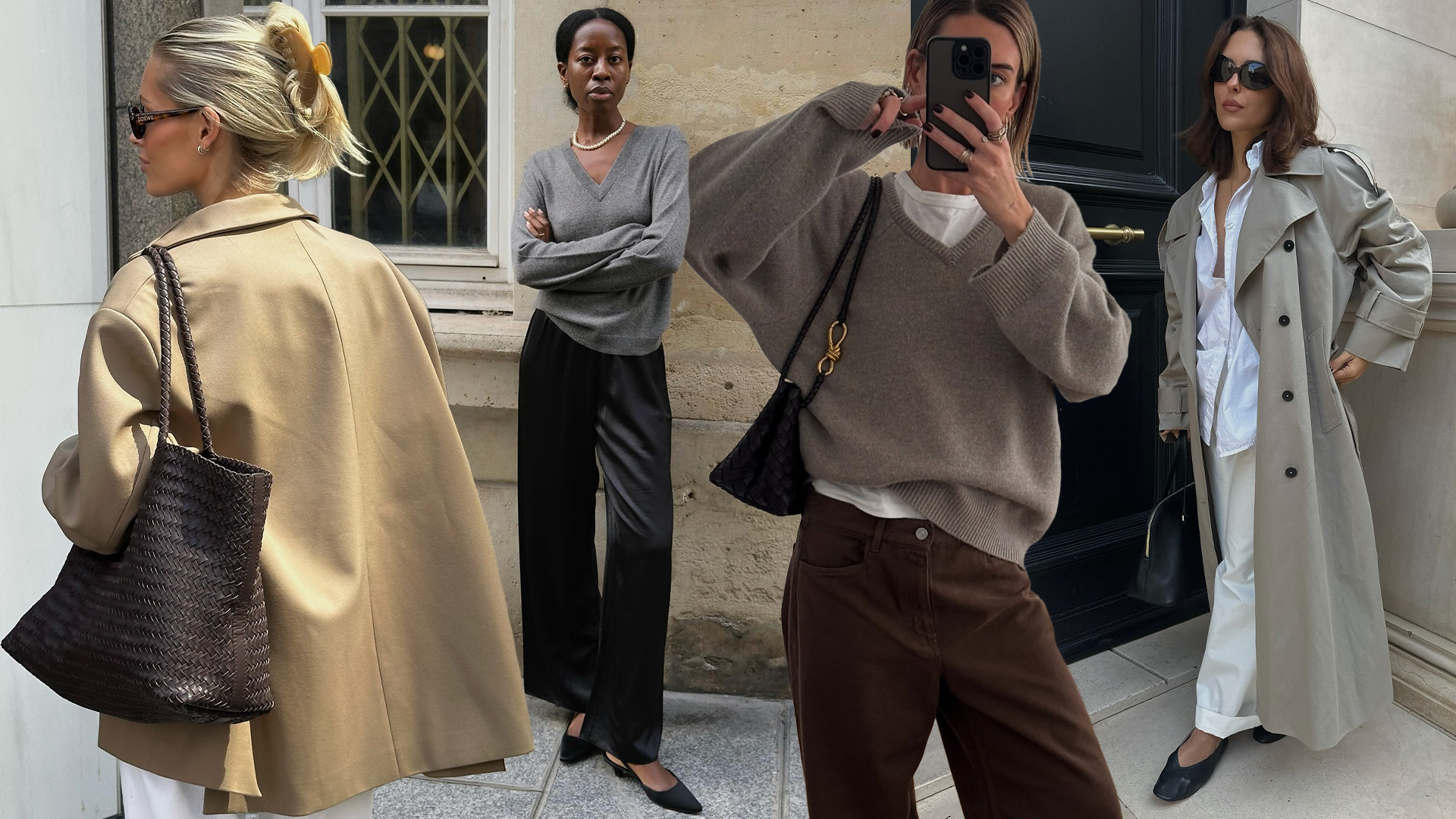 Fashion collage featuring four style influencers wearing spring 2026 trends, including a woven bag, satin pants, V-neck sweater, and V-cut flats.