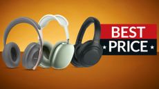 Best noise cancelling headphones 2022, pictures of models from Bose, Apple and Sony sitting on an orange background