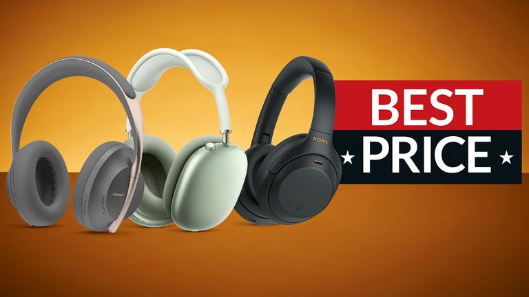 Best noise cancelling headphones 2022, pictures of models from Bose, Apple and Sony sitting on an orange background