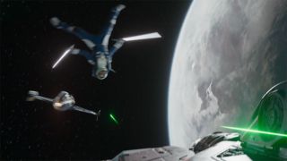 Still from the Star Wars T.V. series Ahsoka, season 1, episode 3. Ahsoka goes for some zero-gravity action.