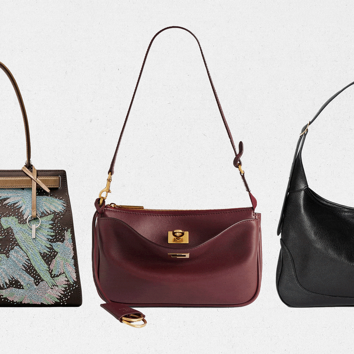 Louis Vuitton, Loewe, Toteme, Gucci, YSL, Tory Burch, Balenciaga, Gucci.