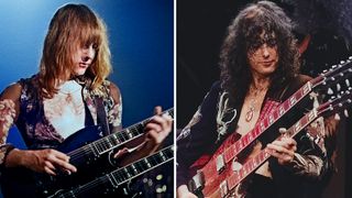 LEFT: Alex Lifeson from the Canadian band Rush performs live on stage playing a Gibson EDS-1275 twin neck/double-neck guitar at the McMorran Arena in Port Huron, USA during their All the World's a Stage tour on 22nd May 1977. RIGHT: Jimmy Page performs at Earl's Court, playing a Gibson EDS-1275 Doubleneck six and twelve stringed guitar, London, 18th May 1975. 