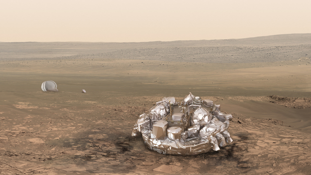 An artist&#039;s illustration of the Schiaparelli lander on Mars.