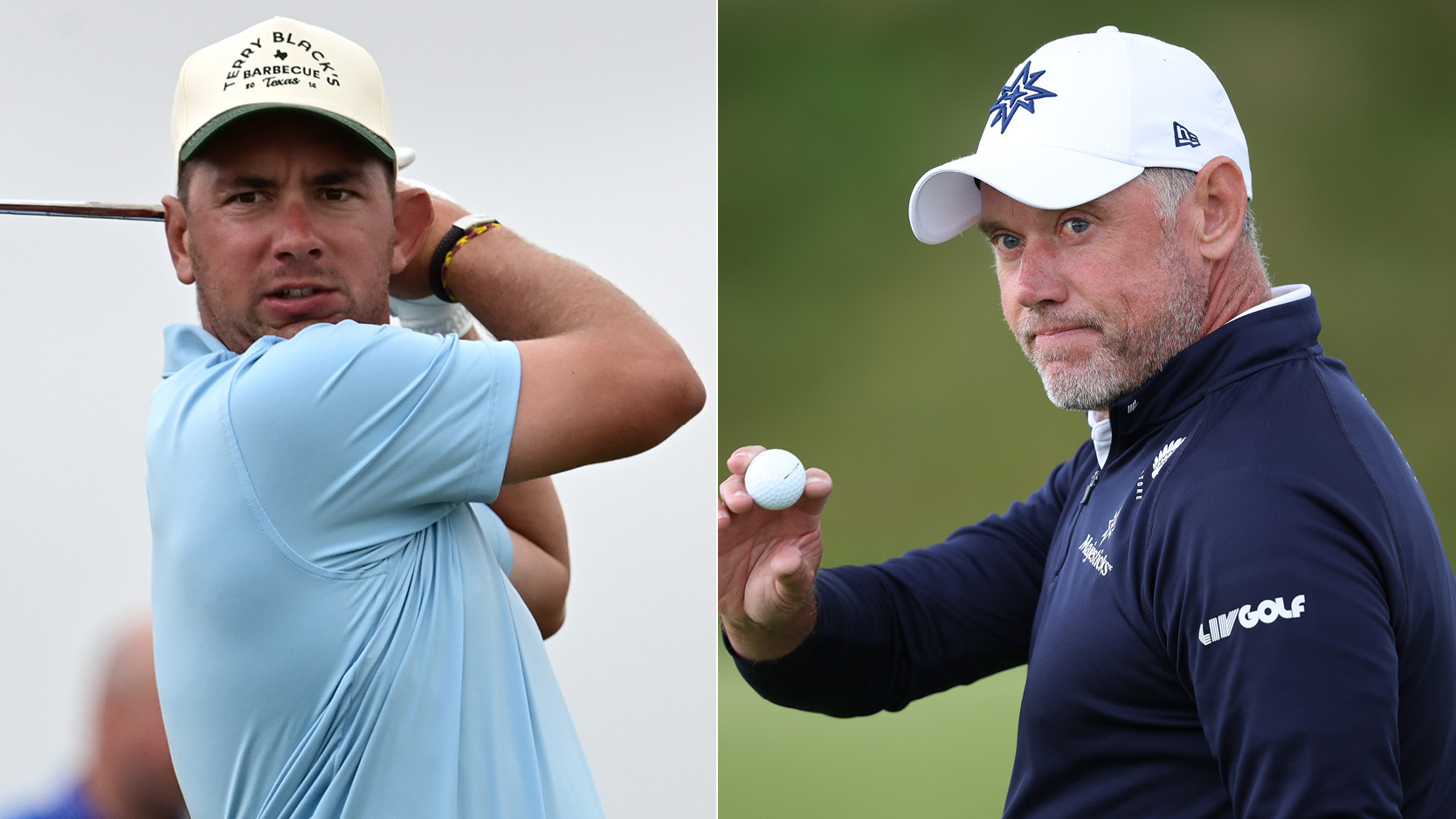 Lucas Herbert hits an iron shot, Lee Westwood waves at the crowd
