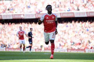Bukayo Saka of Arsenal celebrates scoring his team's second goal during the pre-season friendly match between Arsenal and Athletic Club at Emirates Stadium on August 09, 2025 in London, England.