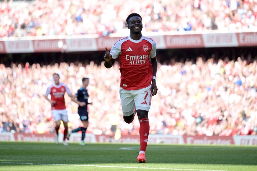 Bukayo Saka of Arsenal celebrates scoring his team's second goal during the pre-season friendly match between Arsenal and Athletic Club at Emirates Stadium on August 09, 2025 in London, England.