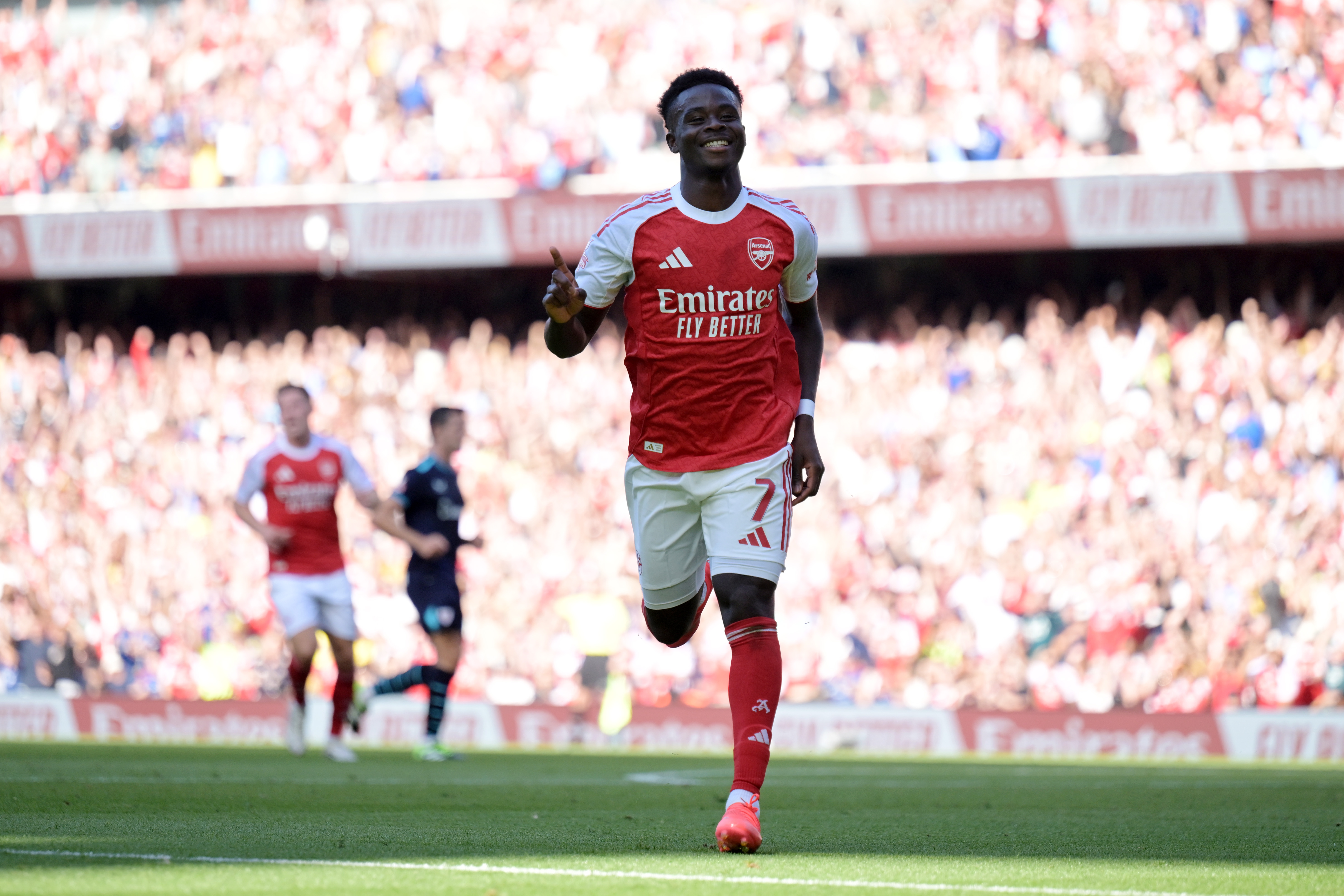 Bukayo Saka of Arsenal celebrates scoring his team's second goal during the pre-season friendly match between Arsenal and Athletic Club at Emirates Stadium on August 09, 2025 in London, England.