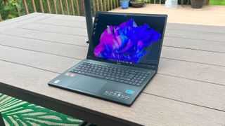 Acer Swift Edge 16 (2023) on a picnic table outdoors
