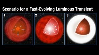 The evolution of a Fast-Evolving Luminous Transient (FELT), a rare, intense supernova where a star dies 10 times faster than an ordinary supernova.