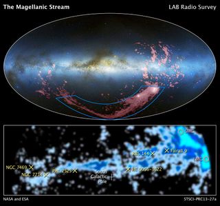 These companion images show wide and close-up views of the long ribbon of gas known as the Magellanic Stream, which stretches nearly halfway around our Milky Way galaxy. The location of the Large Magellanic Cloud (LMC) and the Small Magellanic Cloud (SMC) are noted in the bottom image.