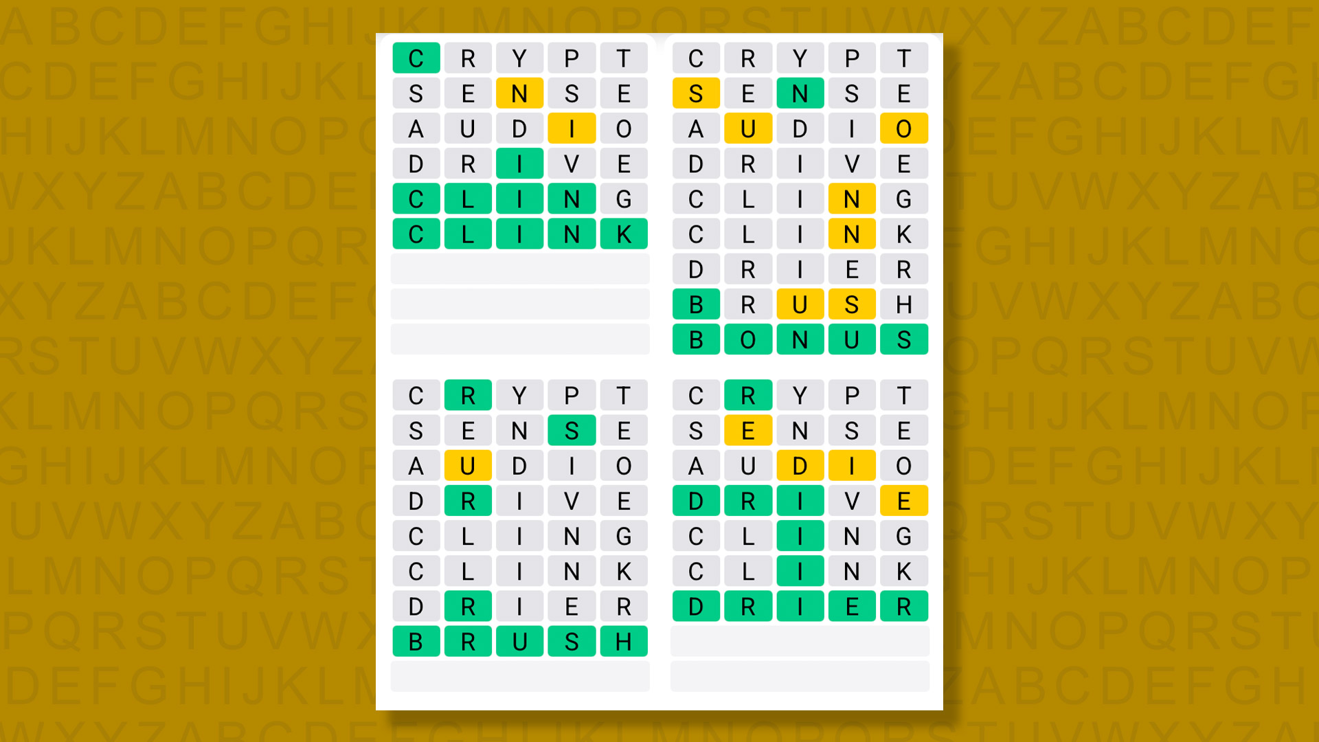 Quordle answers for game 1555 on a yellow background