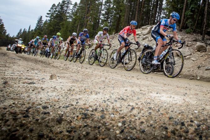 Dave Zabriskie (Garmin-Sharp) leads a break over gravel climbs at the USA Pro Challenge in Colorado.