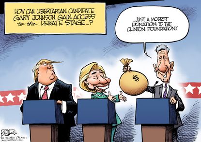 Political cartoon U.S. 2016 election Gary Johnson debate access