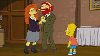 Groundskeeper Willie dancing with love interest in The Simpsons