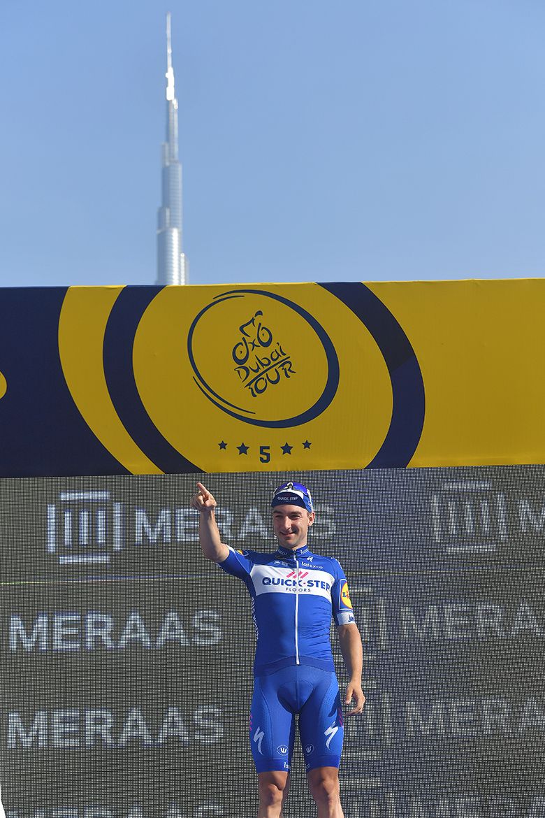Elia Viviani (Quick-Step) on the podium at the Dubai Tour.