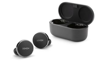 Denon's PerL Pro on white with charging case