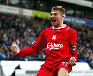 Steven Gerrard celebrates after scoring for Liverpool against Bolton in February 2004.