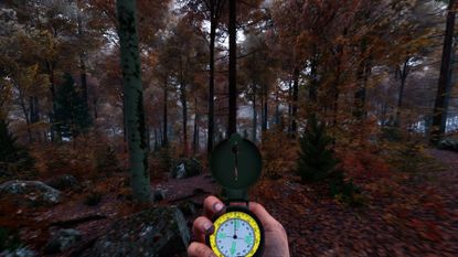 A Prologue: Go Wayback screenshot shows someone holding a compass in a forest.
