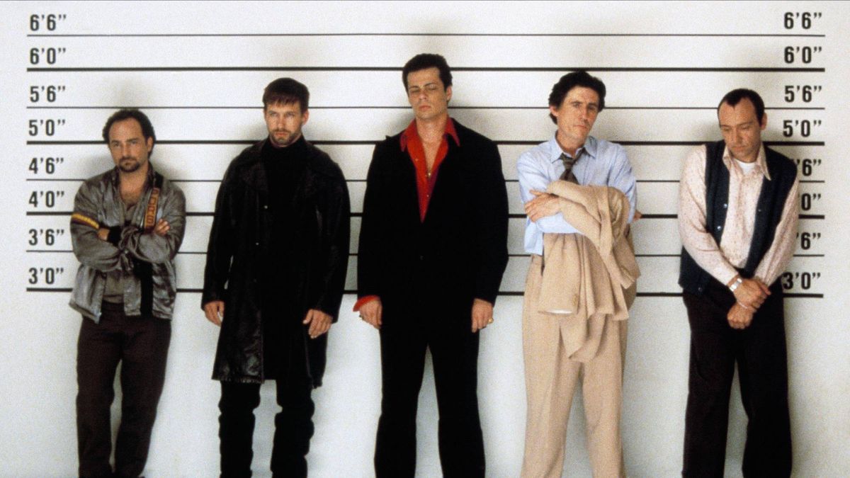 Kevin Spacey, Stephen Baldwin, Gabriel Byrne, Benicio Del Toro &amp; Kevin Pollak in &quot;The Usual Suspects&quot;