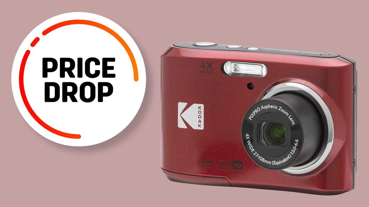 Kodak Pixpro FZ45 camera against a maroon background with the text &quot;price drop&quot;