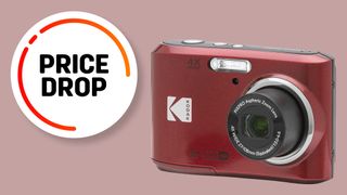 Kodak Pixpro FZ45 camera against a maroon background with the text "price drop"