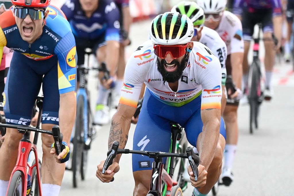 Team Totalenergies French rider Geoffey Soupe R crosses the finish line in first place during the 7th stage of the 2023 La Vuelta cycling tour of Spain a 201 km race from Utiel to Oliva on September 1 2023 Photo by JOSE JORDAN AFP Photo by JOSE JORDANAFP via Getty Images