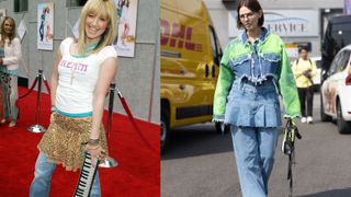 Ashley Tisdale from 2005 on the red carpet and a street style shot from 2022 of women in skirts over pants outfits