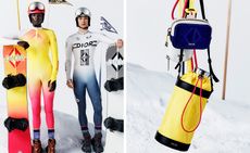 Men in Dior ski all-in-one on left, Dior water bottle on snow on right