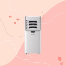 electriq 10000 BTU air conditioner on a pink graphic background
