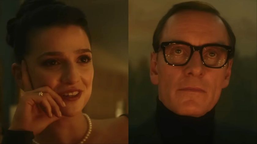 Marisa Abela and Michael Fassbender in Black Bag dinner scene 