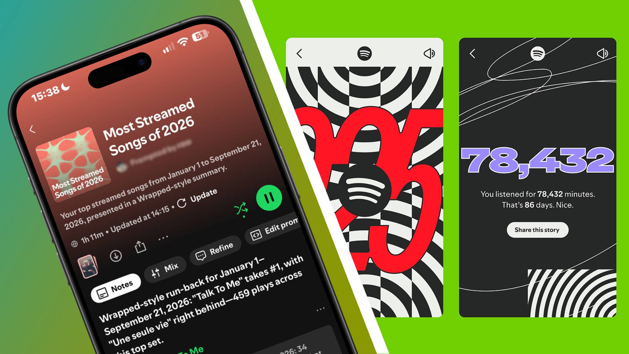 A smartphone showing a Spotify Prompted Playlist next to press material from Spotify Wrapped 2025