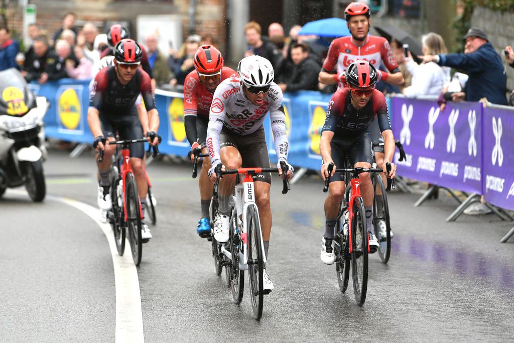 OVERIJSE BELGIUM APRIL 13 Benoit Cosnefroy of France and AG2R Citren Team and Thomas Pidcock of United Kingdom and Team INEOS Grenadiers lead The Breakaway during the 62nd De Brabantse Pijl La Flche Brabanonne 2022 Mens Elite a 2051km one day race from Leuven to Overijse BP22 on April 13 2022 in Overijse Belgium Photo by Luc ClaessenGetty Images