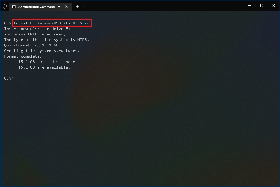 Command Prompt quick format for USB flash drive
